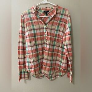J.Crew womens size 8 ruffled plaid popover shirt melon long sleeve lightweight